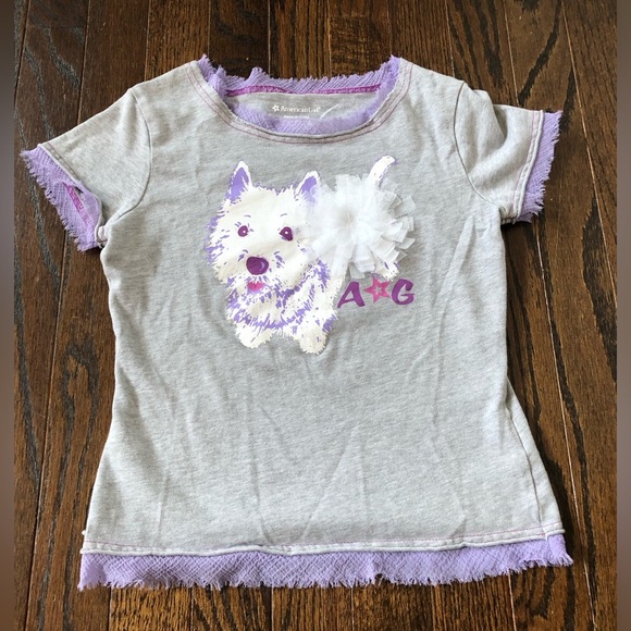 American Girl Girls M (10-12) Gray/Purple Fringe Coconut Dog Appliqué Tee - EUC! - Picture 1 of 10